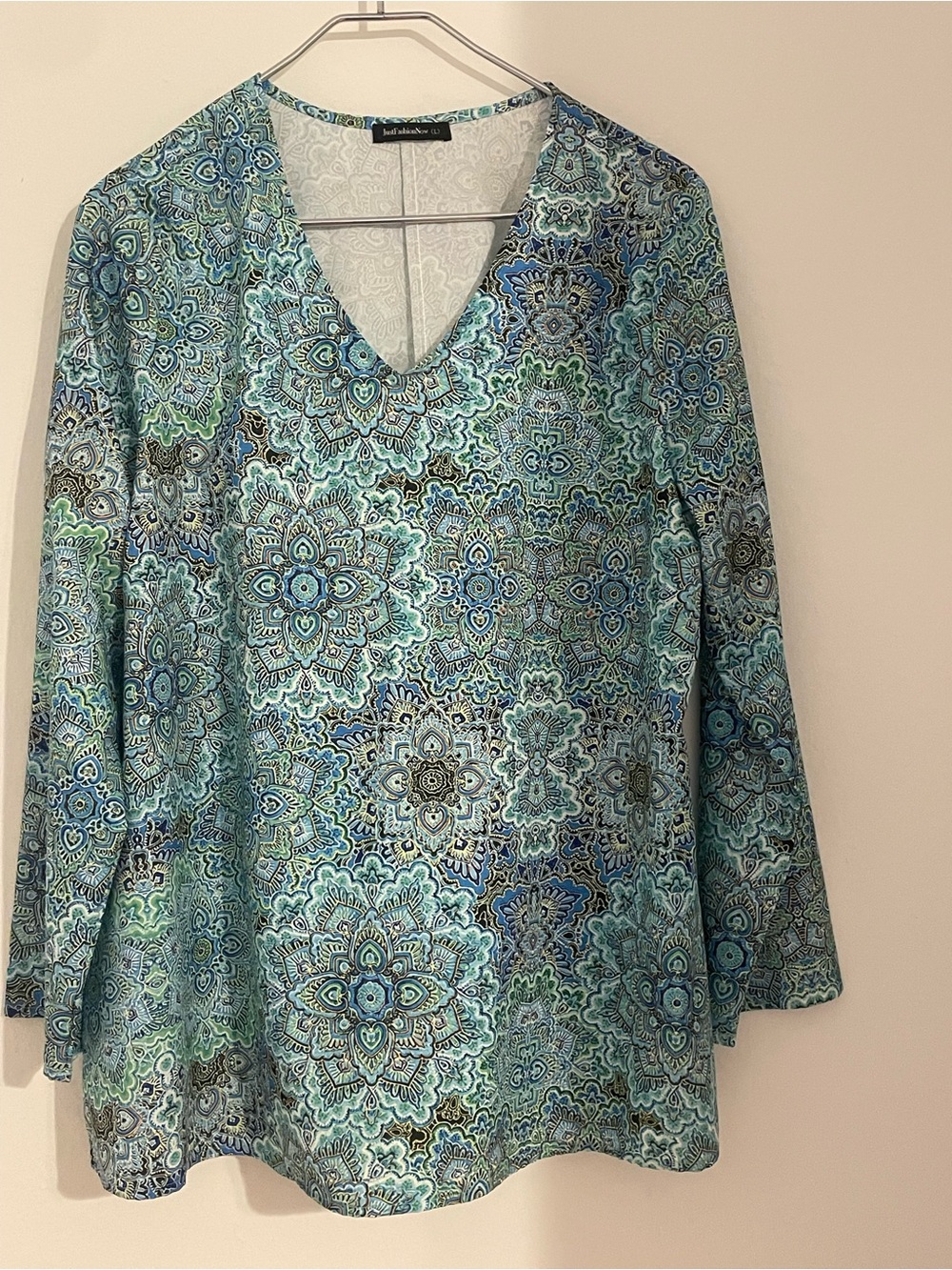 Ladies It’s Fashion Teal & Blue Paisley V-Neck  Cotton Blend Long Sleeve Top
